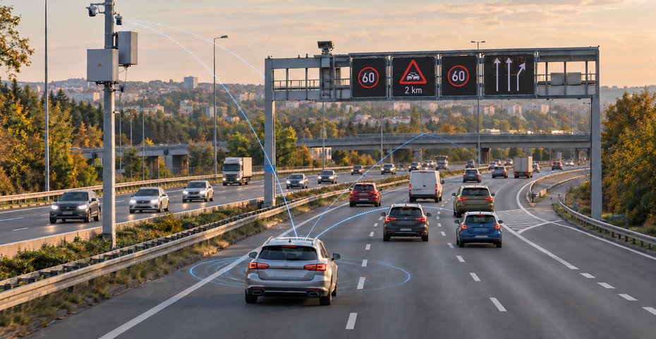 Auto na dálnici komunikuje s dopravní infrastrukturou a proměnným dopravním značením