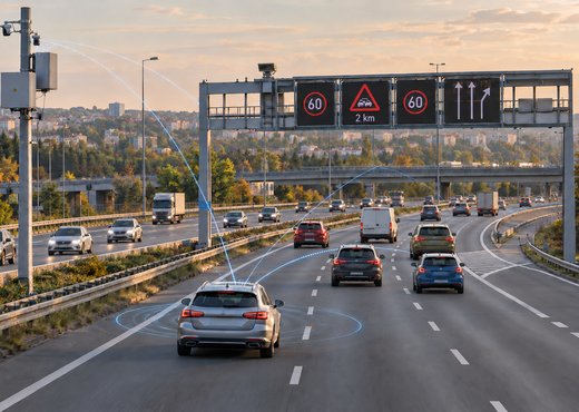 Auto na dálnici komunikuje s dopravní infrastrukturou a proměnným dopravním značením